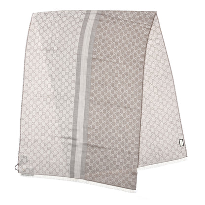 Gucci Wool Silk GG Monogram GGWeblong Fringe Scarf Shawl Bitume Ivory 2 of 5
