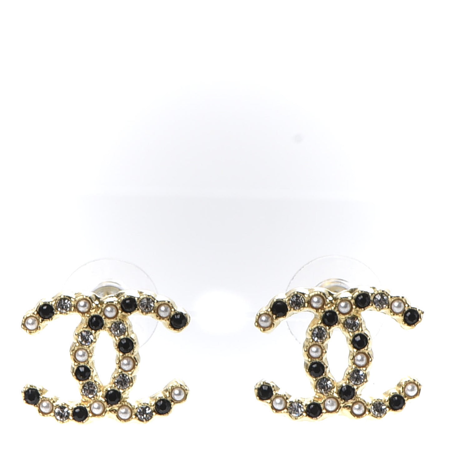 Resin Pearl Crystal CC Earrings Gold Black