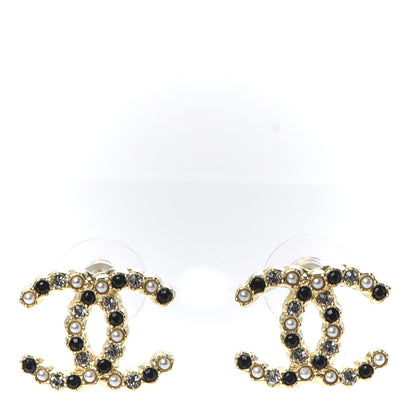 Chanel Resin Pearl Crystal CC Earrings Gold Black 1 of 5