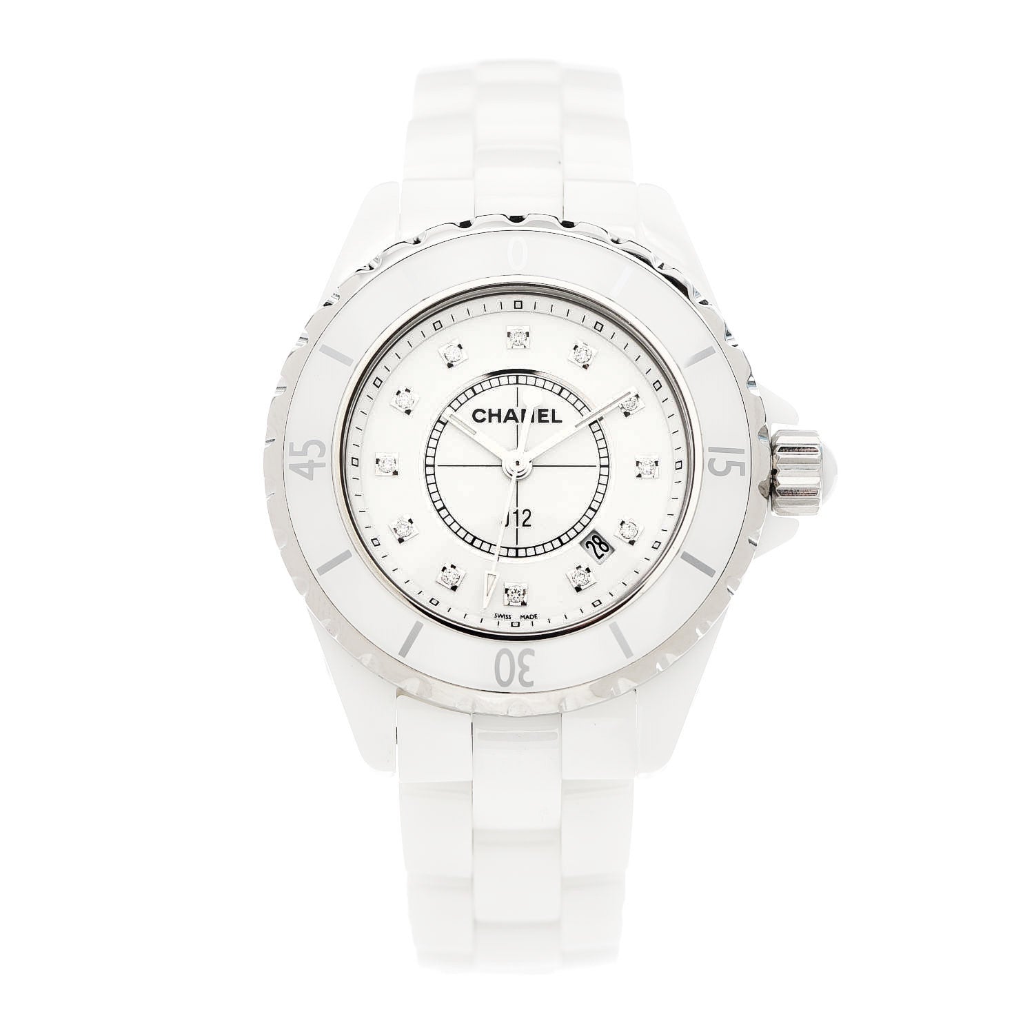 Chanel Stainless Steel Ceramic Diamond 33mm J12 Quartz Watch White 1 of 5