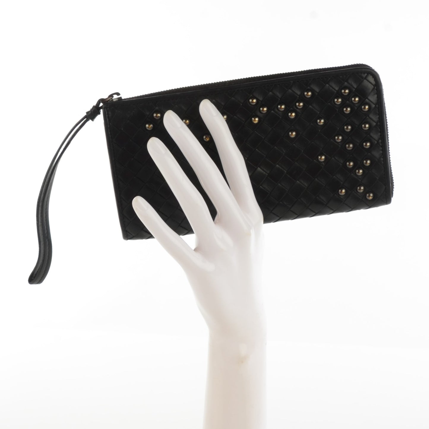 Waxed Calfskin Intrecciato Studded Wristlet Wallet Nero Black