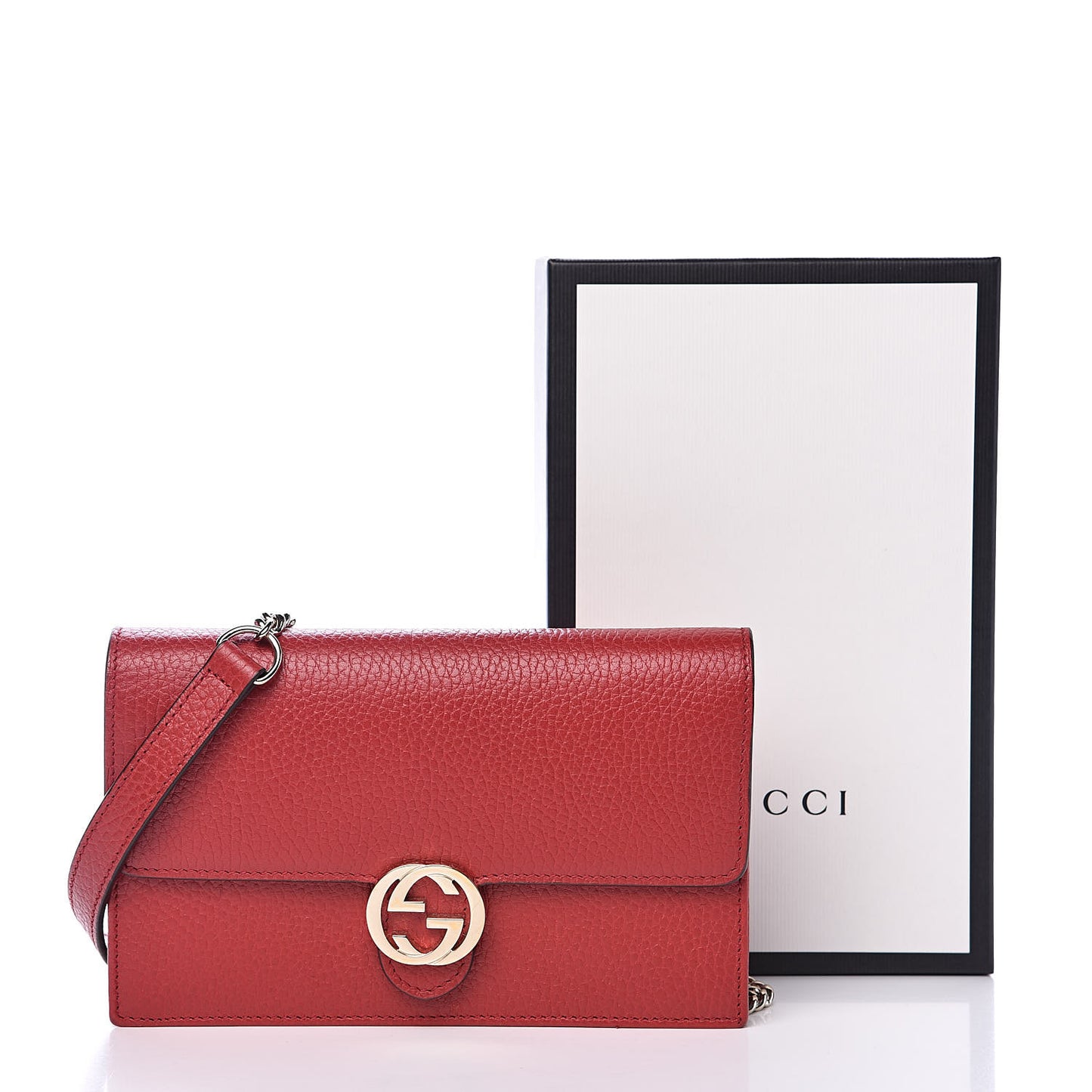Dollar Calfskin Interlocking G Chain Wallet Red