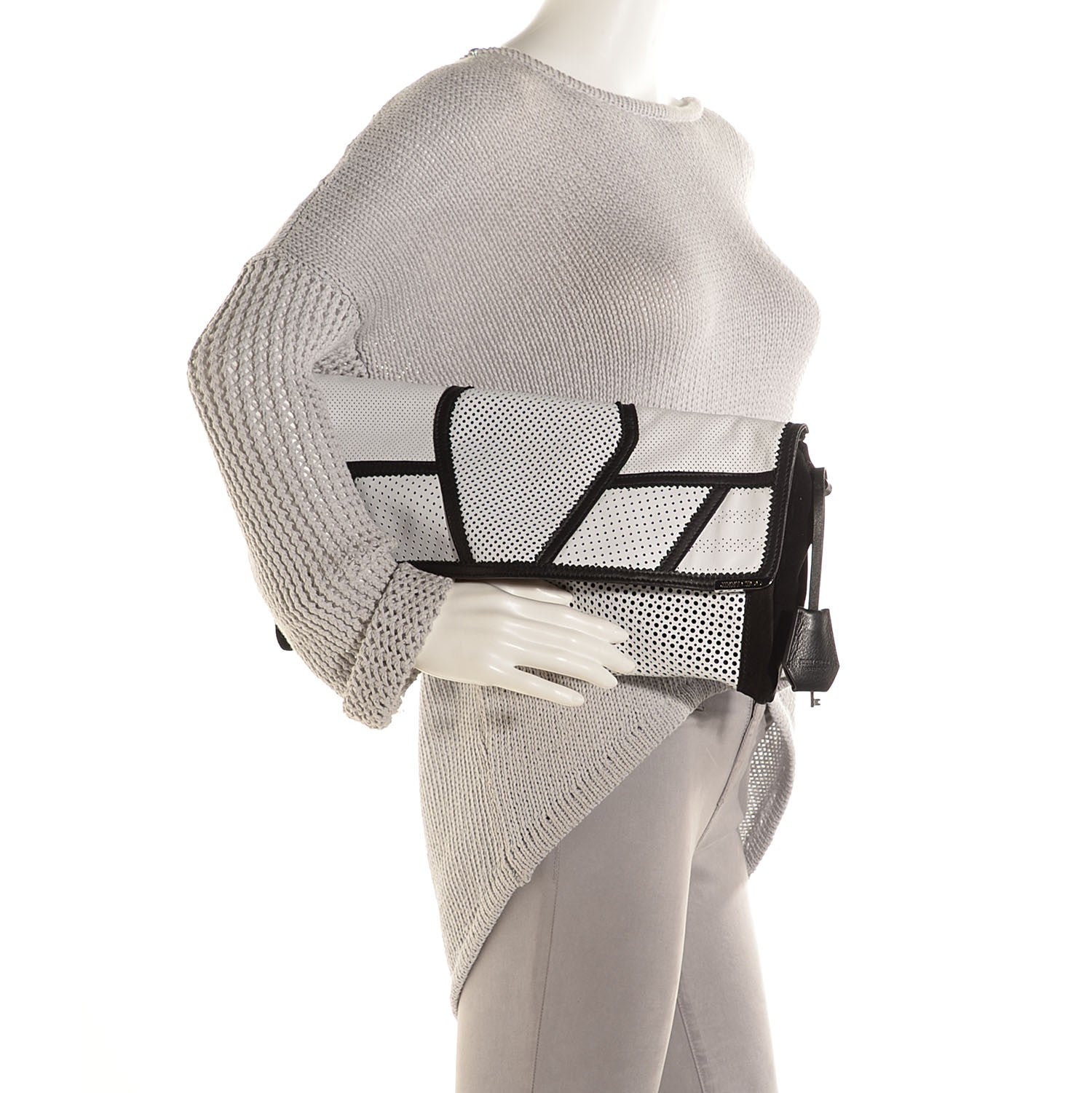 Jimmy Choo Perforated Leather Ally Mixed Media Patchwork Clutch Black White 2 of 7