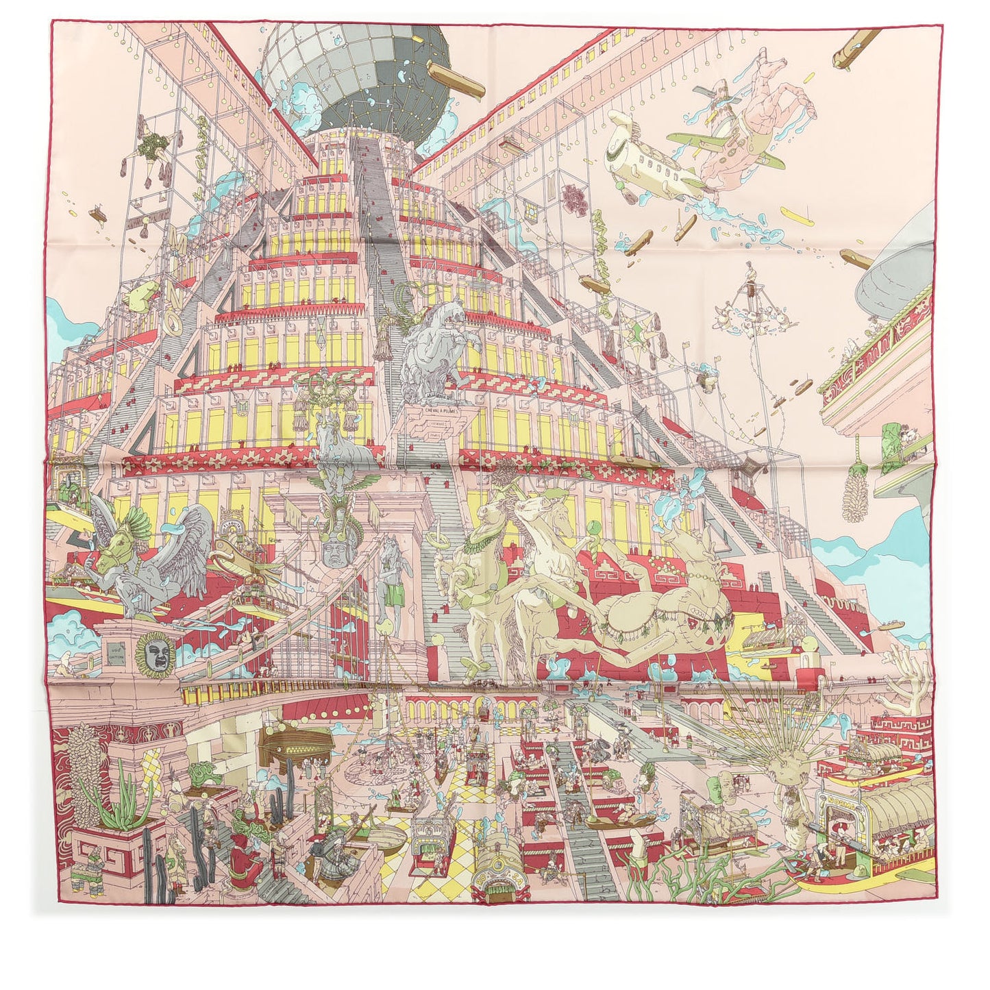 Silk La Legende Du Cheval A Plumes Scarf 90 Rose Pale Jaune Vif Turquoise