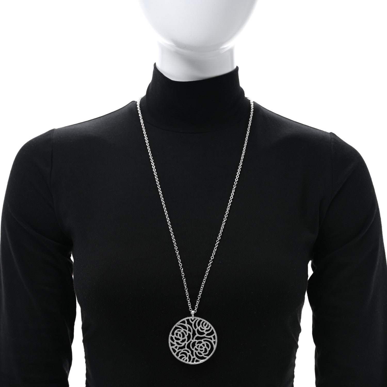 Chanel 18K White Gold Diamond Camelia Pendant Necklace 2 of 4