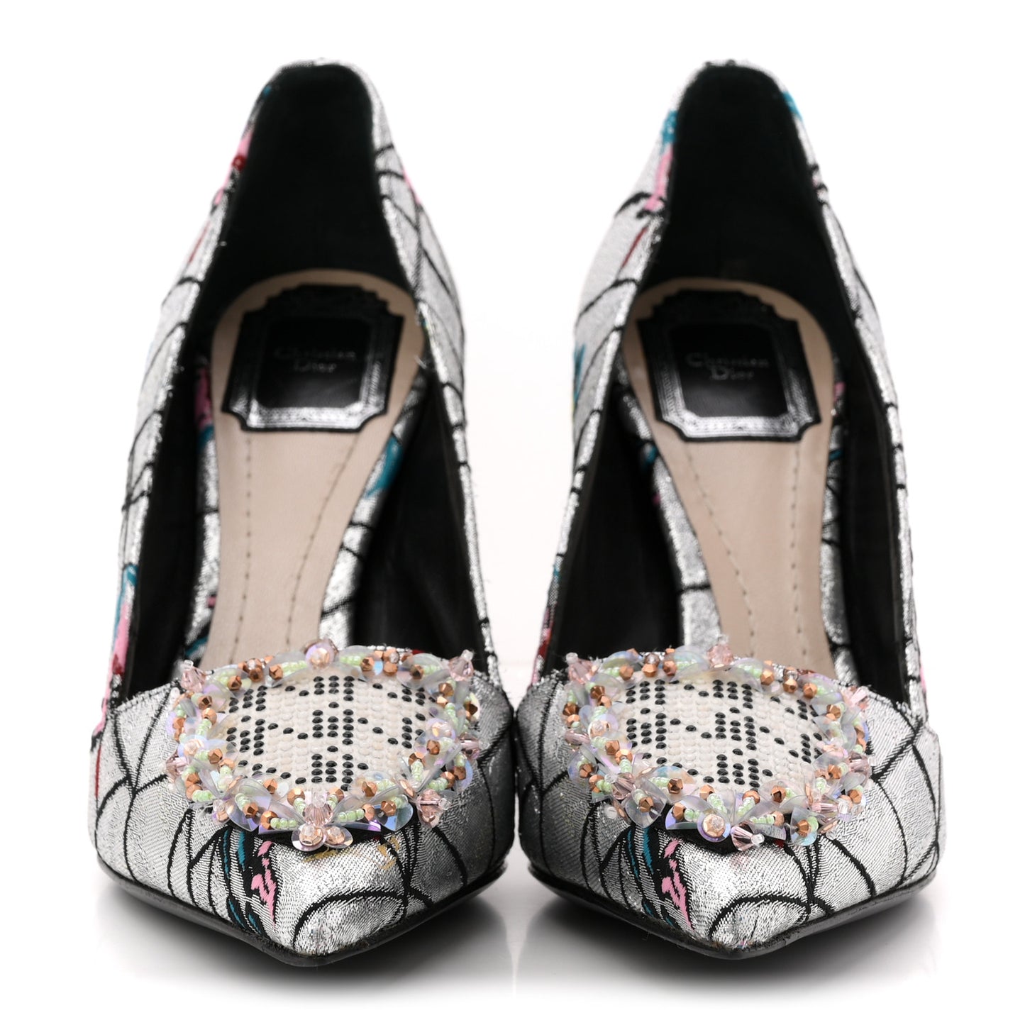 Lurex Embroidered Floral Pointed Toe Pumps 37 Silver Multicolor