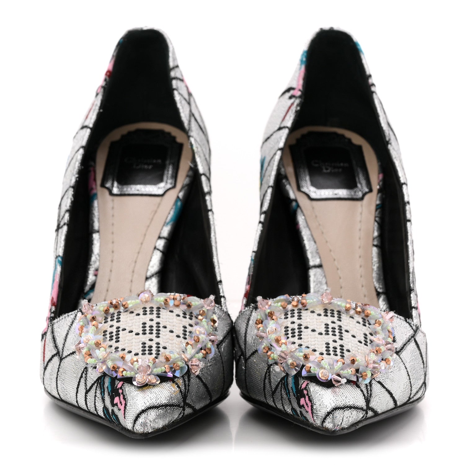 Christian Dior Lurex Embroidered Floral Pointed Toe Pumps 37 Silver Multicolor 3 of 12