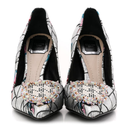 Christian Dior Lurex Embroidered Floral Pointed Toe Pumps 37 Silver Multicolor 3 of 12