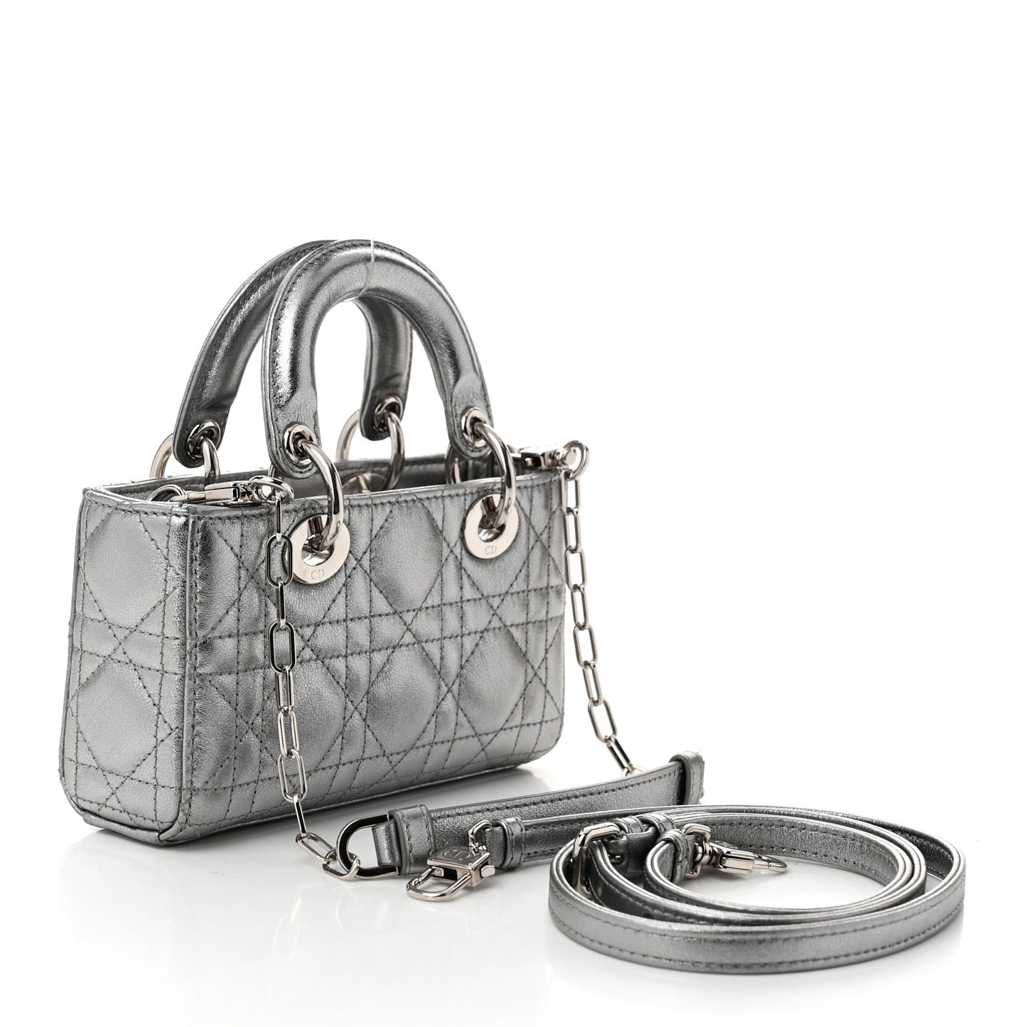 Metallic Lambskin Cannage Micro Lady D-Joy Silver