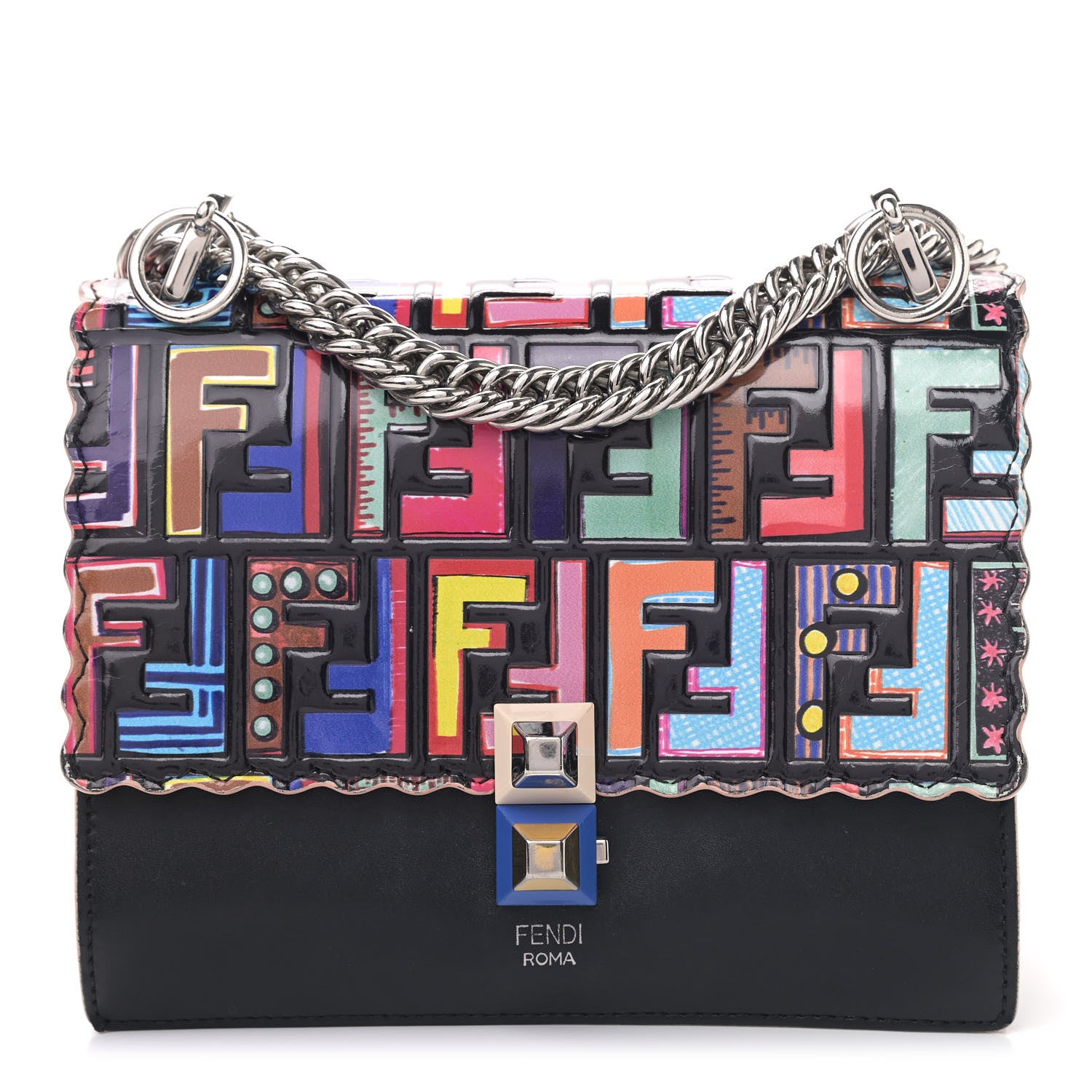Fendi Vitello Liberty Fun Fair Embossed Scalloped Small Kan I Shoulder Bag Black Multicolor 1 of 10