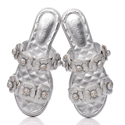 Chanel Metallic Lambskin Camellia Slide Sandals 35 Silver 11 of 12