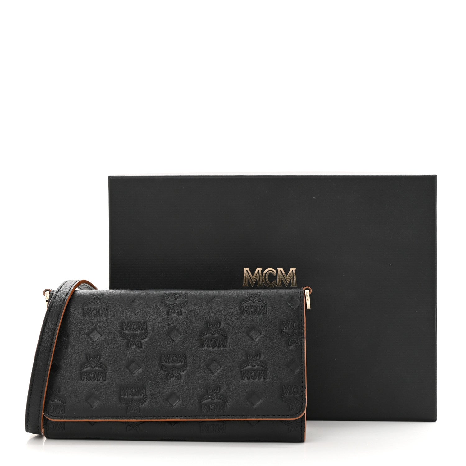MCM Calfskin Ottomar Klara Tri Fold Phone Wallet On Strap Black 12 of 12