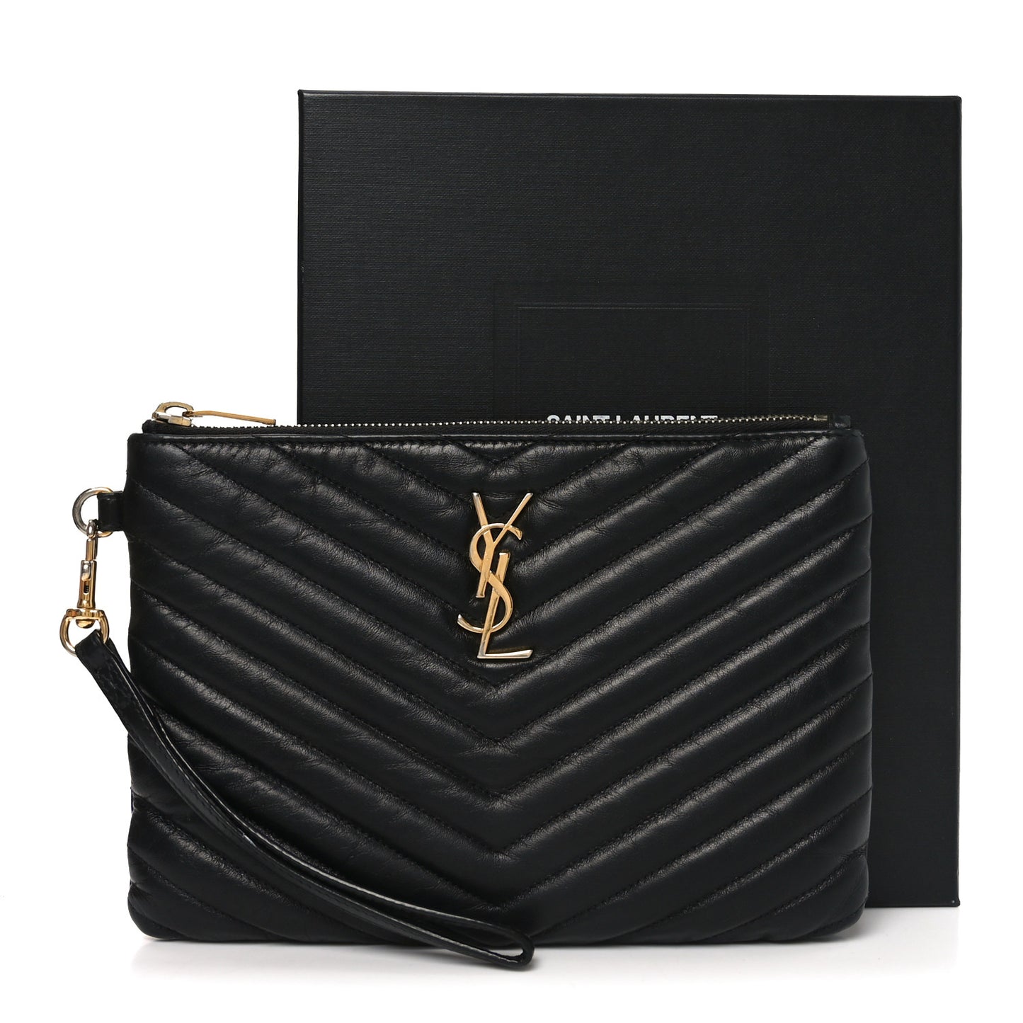 Lambskin Matelasse Chevron Monogram A5 Wristlet Black