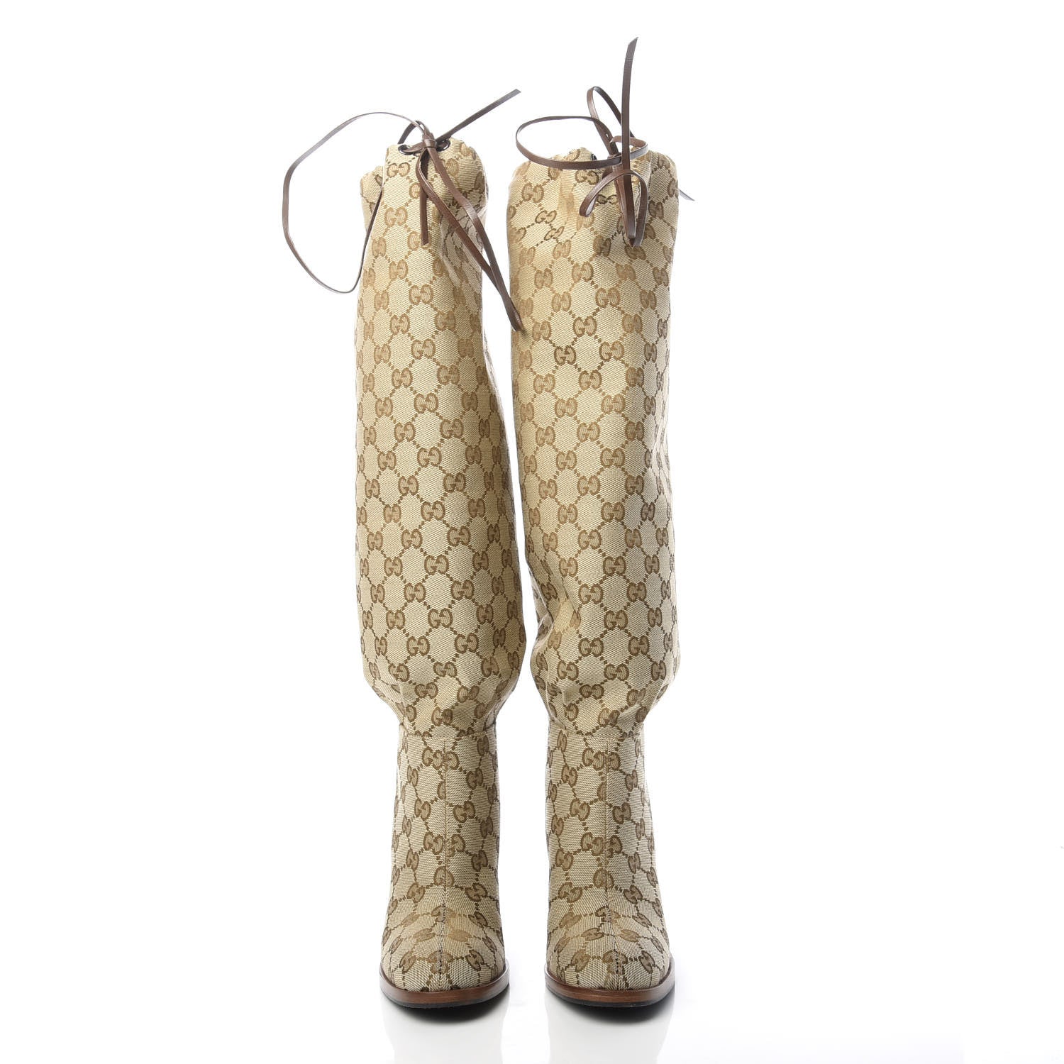 Gucci Monogram Malaga Kid Lisa Mid Heel Boots 35 Beige Ebony 2 of 7