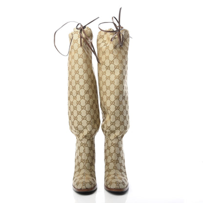 Gucci Monogram Malaga Kid Lisa Mid Heel Boots 35 Beige Ebony 2 of 7