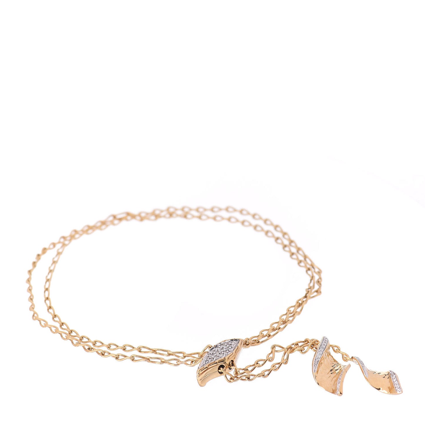 18K Yellow Gold Diamond Classic Chain Wave Hammered Pull Through Bracelet