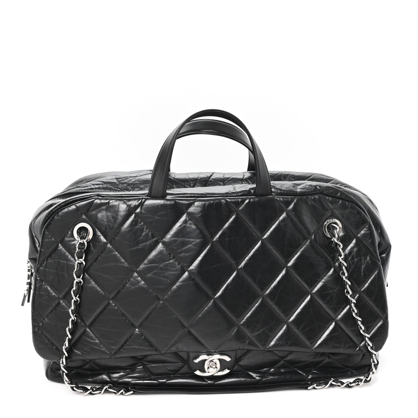 Aged Calfskin Quilted Large Express Bowling Bag Black