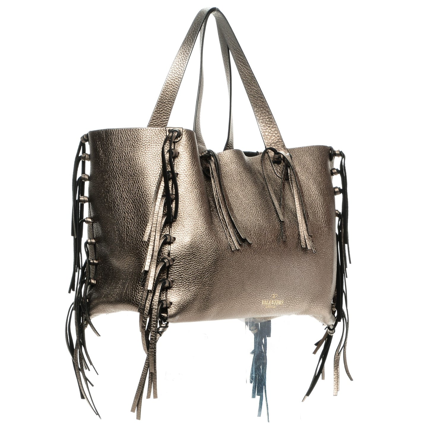 Metallic Grained Calfskin C-Rockee Fringe Tote Sasso