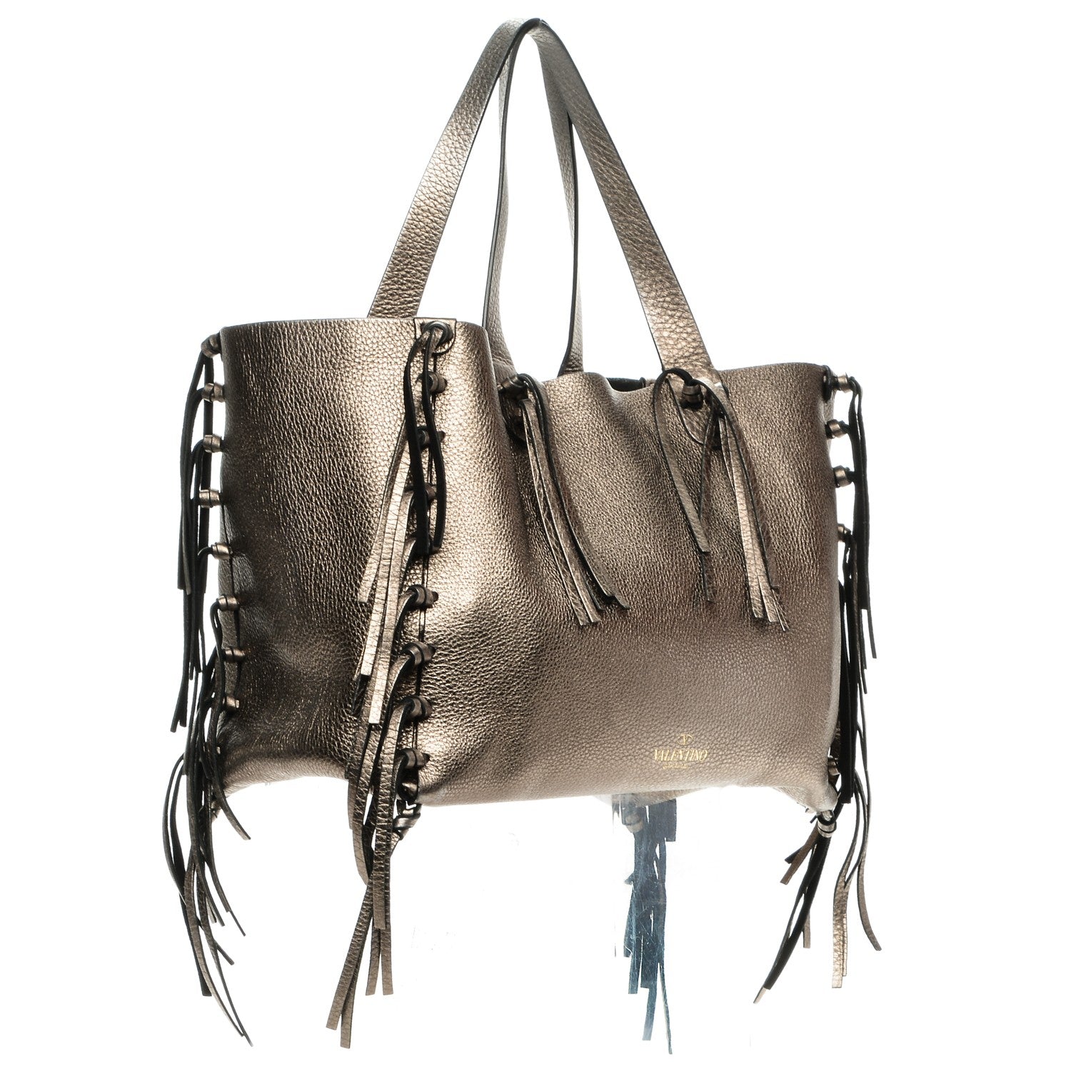 Valentino Garavani Metallic Grained Calfskin C-Rockee Fringe Tote Sasso 3 of 7