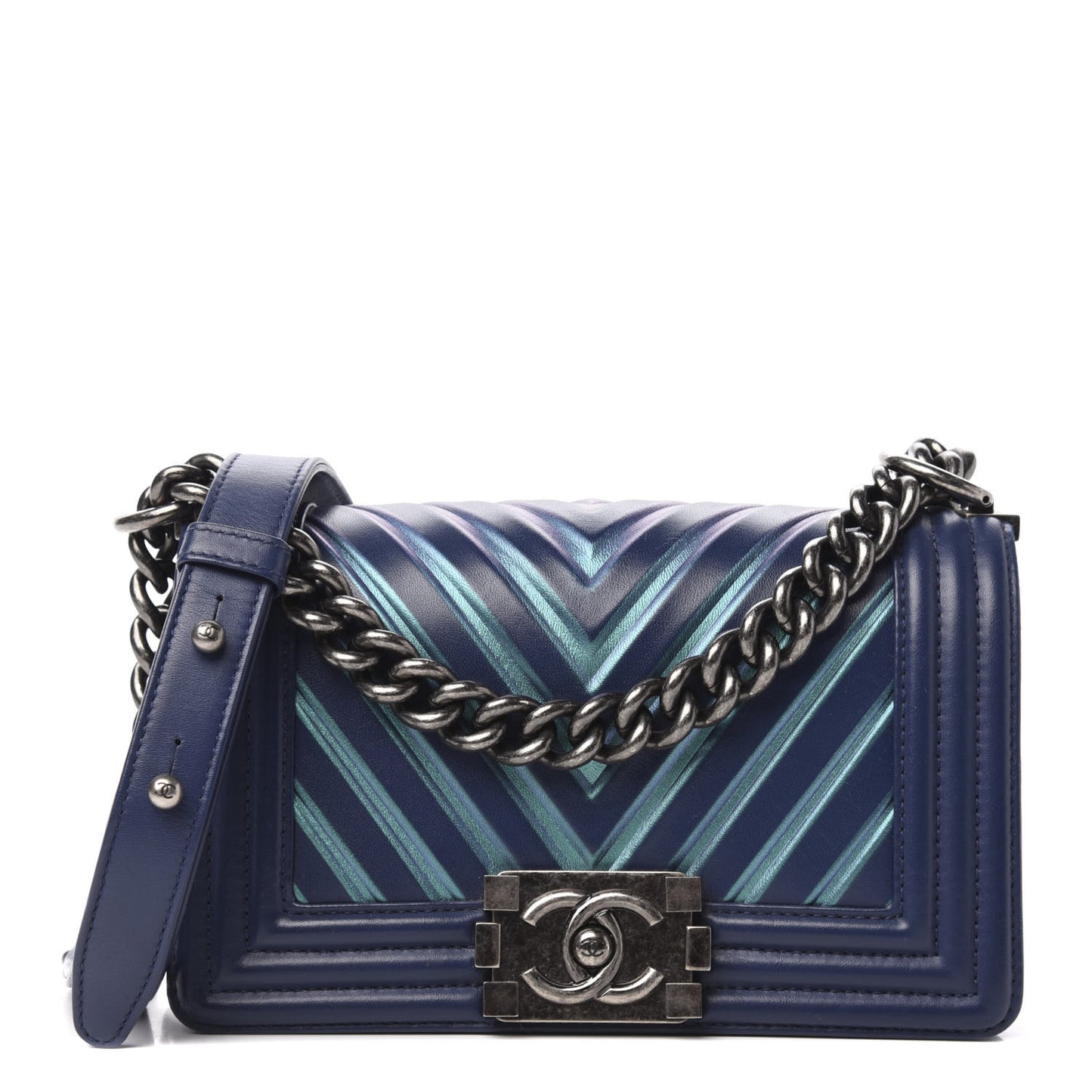 Calfskin Painted Chevron Embossed Small Boy Flap Dark Blue