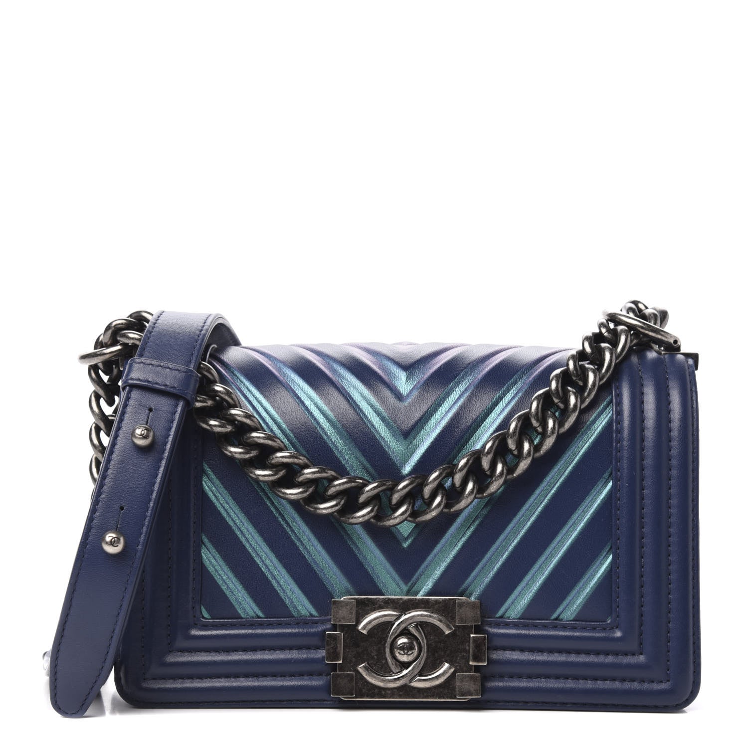 Chanel Calfskin Painted Chevron Embossed Small Boy Flap Dark Blue 1 of 10