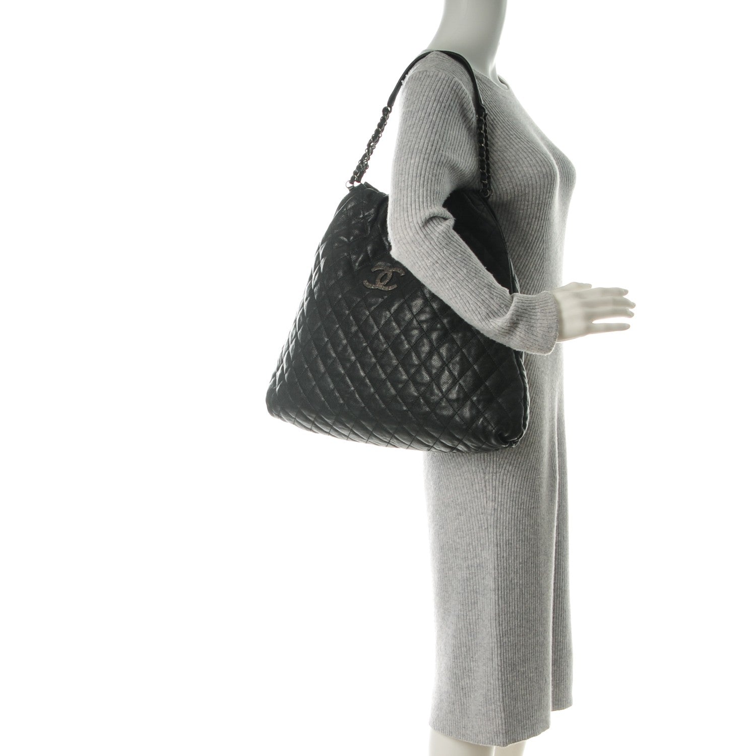 Chanel Distressed Glazed Caviar Quilted Large Elastic Tote Black 2 of 7
