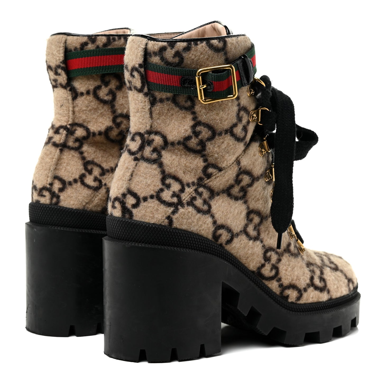 Covered Wool GG Monogram Womens Lace Up Combat Ankle Boots 38 Beige Ebony Black