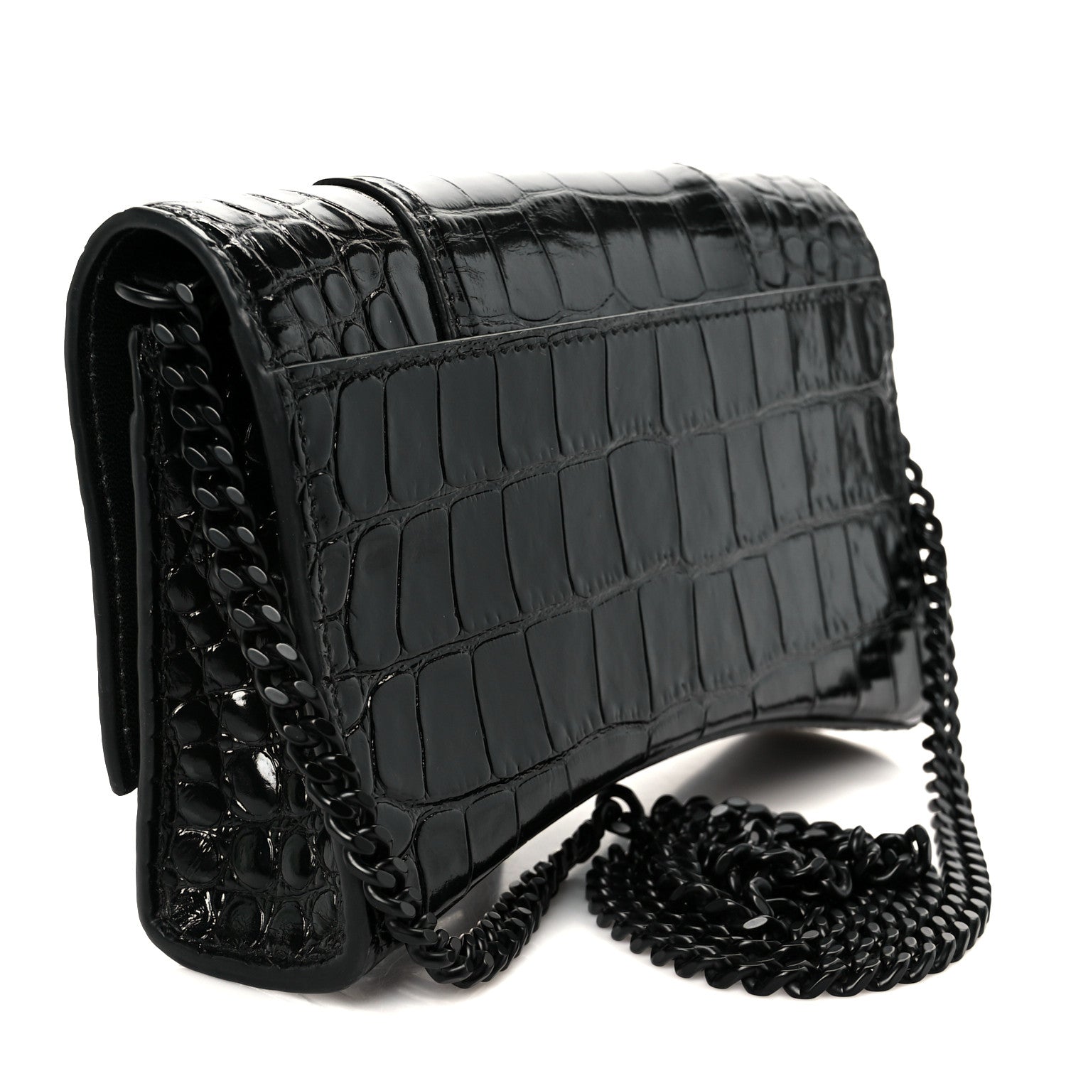 Balenciaga Shiny Calfskin Monochrome Crocodile Embossed Hourglass Chain Bag Black 3 of 11