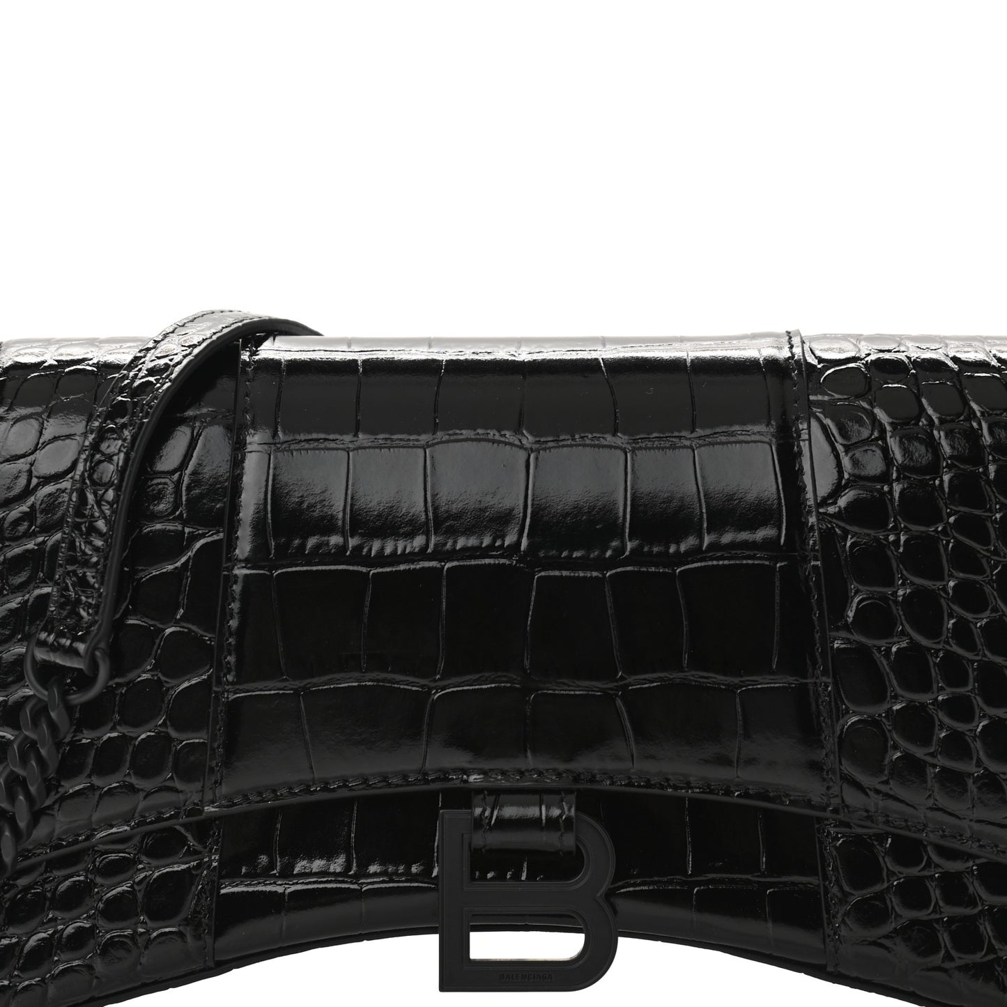 Shiny Calfskin Monochrome Crocodile Embossed Small Hourglass Evening Chain Bag Black