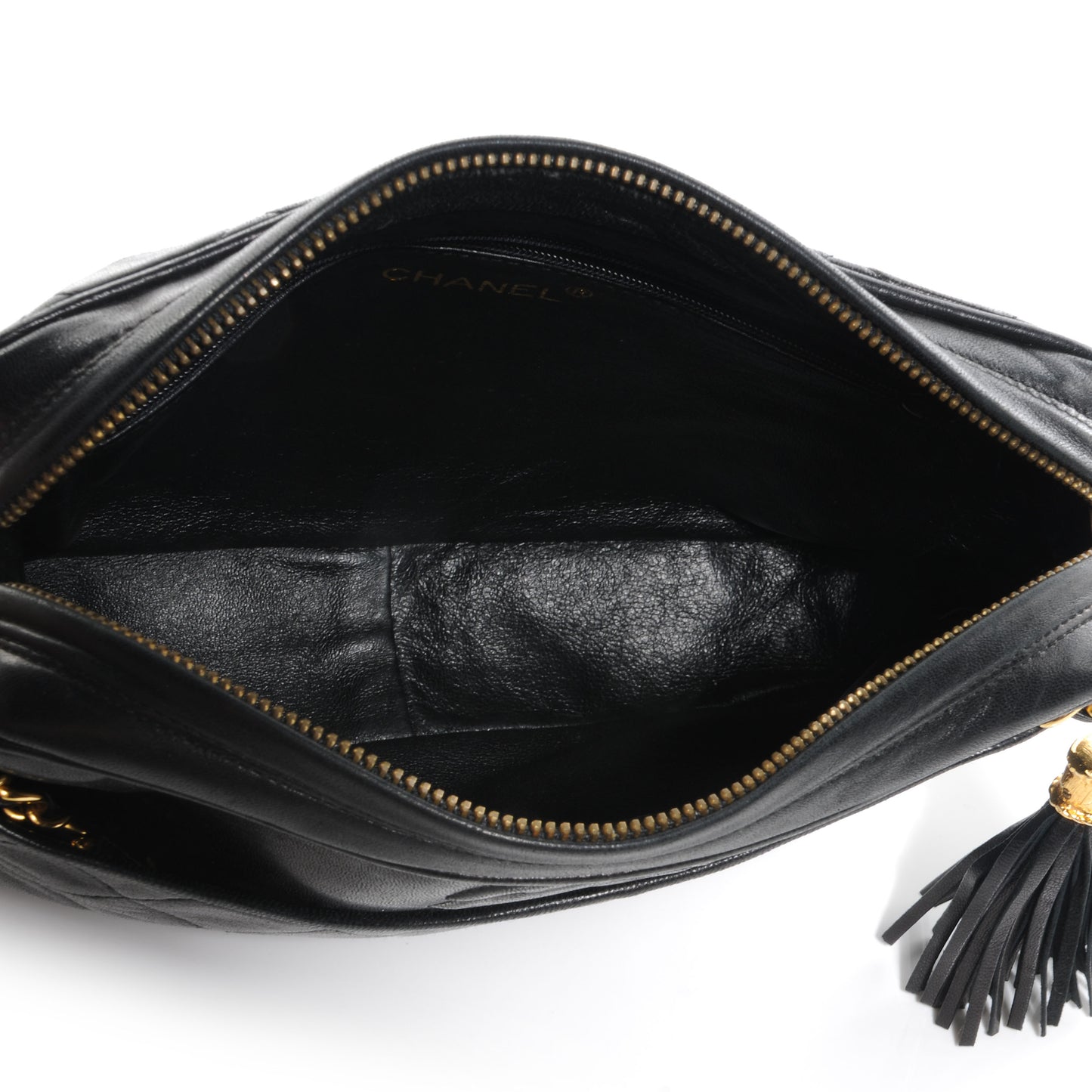 Lambskin Quilted Tassel Camera Case Black