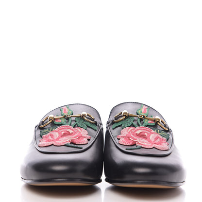 Gucci Calfskin Flower Embroidered Womens Princetown Slippers 37.5 Black 2 of 9