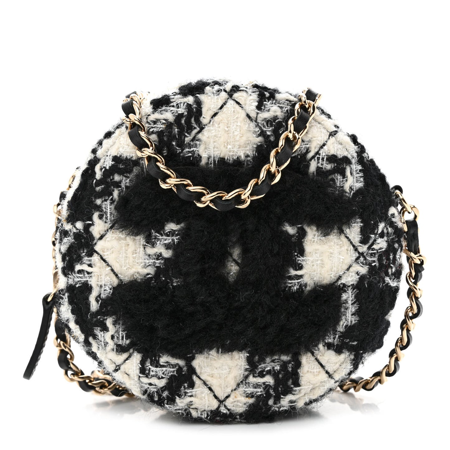Tweed Shearling Round Clutch With Chain and Coin Purse Black and White