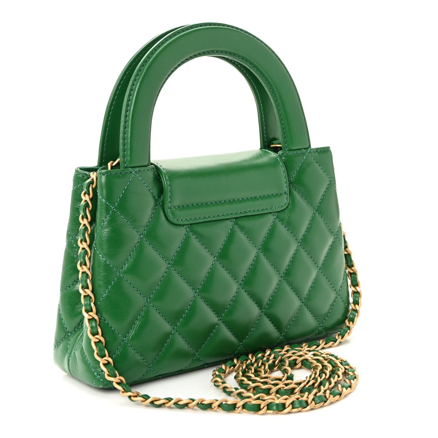 シャネル★ Chanel Shiny Aged Calfskin Quilted Nano Kelly Shopper Green