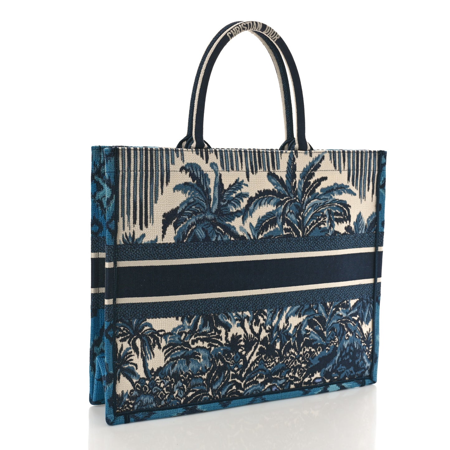 CHRISTIAN DIOR Canvas Embroidered Large Palm Tree Toile De Jouy Book Tote Blue Multicolor