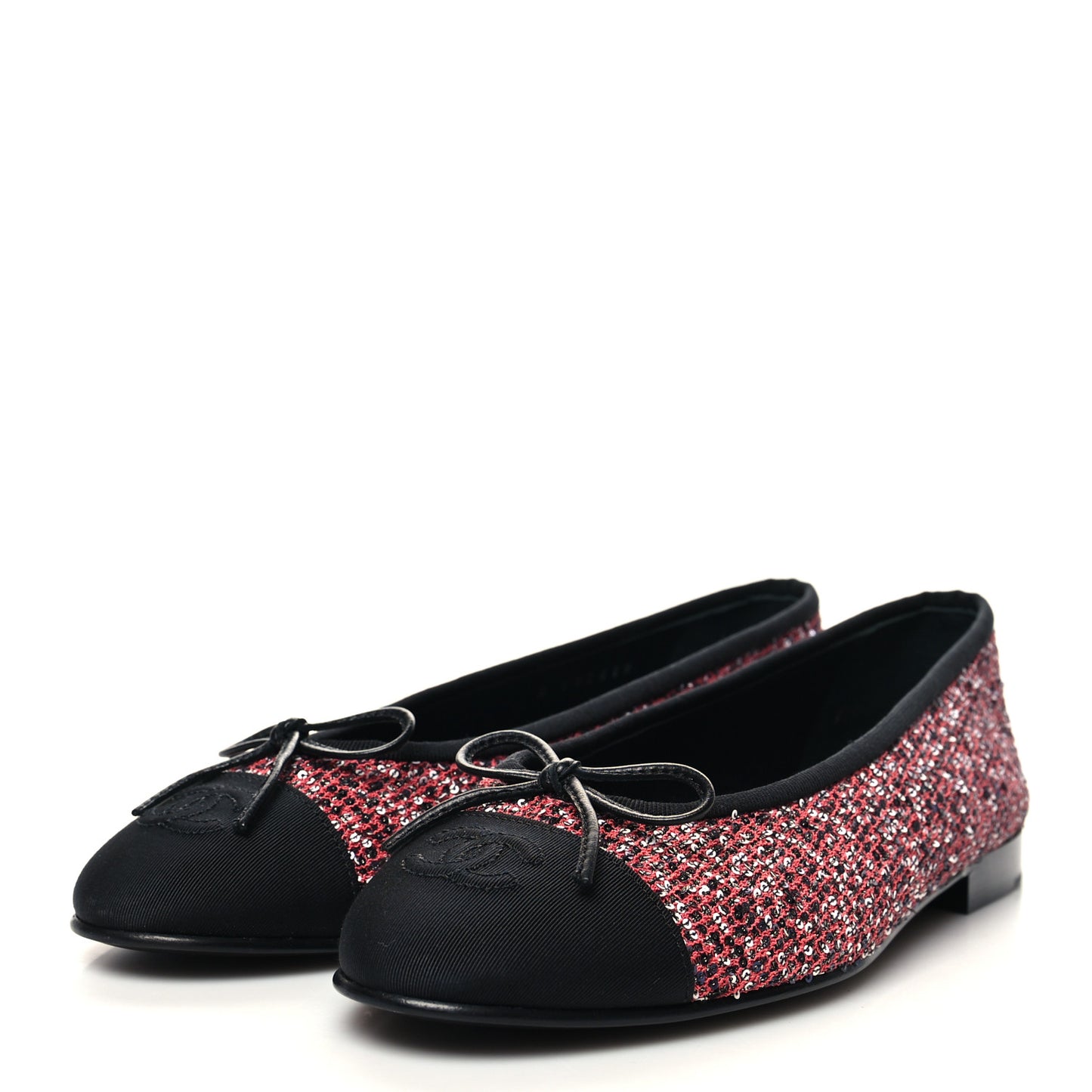 Tweed Grosgrain Sequin Cap Toe Ballerina Flats 38.5 Black Pink