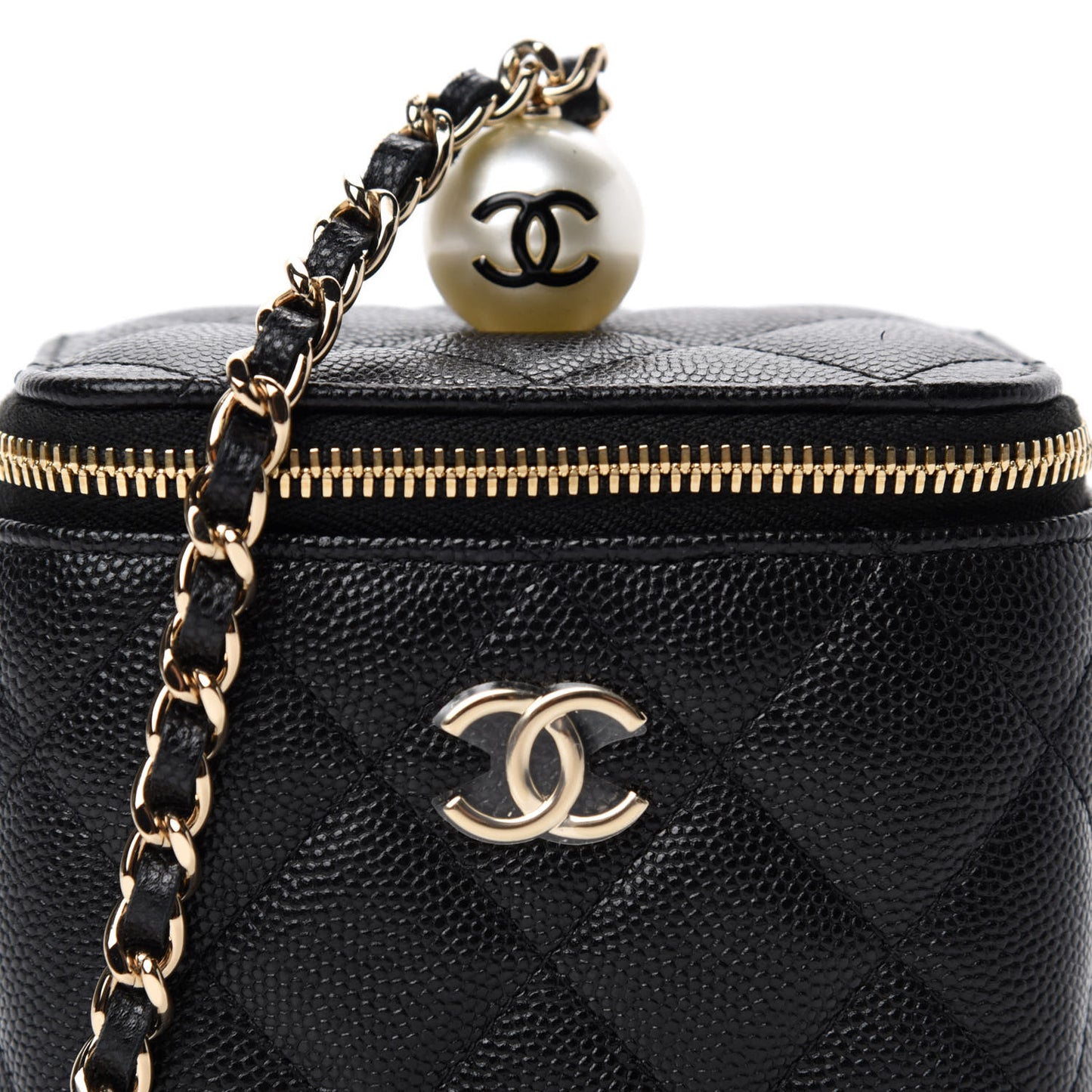 Caviar Quilted Mini Pearl On Top Vanity Case With Chain Black