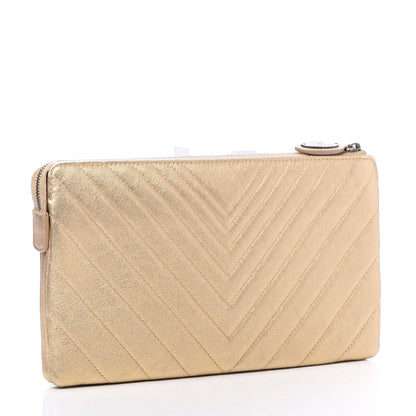 Chanel Metallic Calfskin Chevron Quilted Medium Cosmetic Case Light Gold 3 of 11