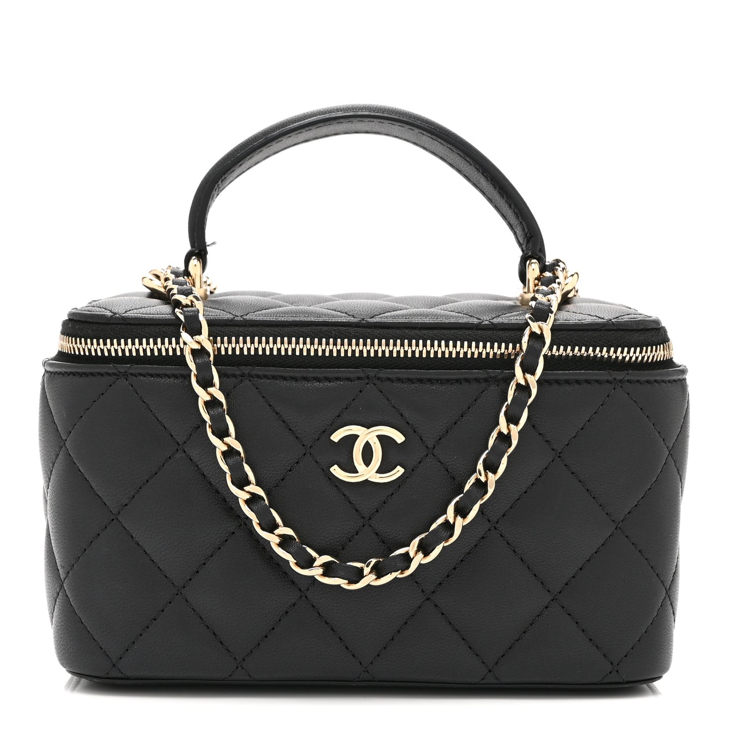 Lambskin Quilted Small Top Handle Vanity Case With Chain Black