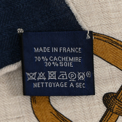 Hermes Cashmere Silk Chevaux Dechaines Shawl 140 Marine Naturel Gris 7 of 8
