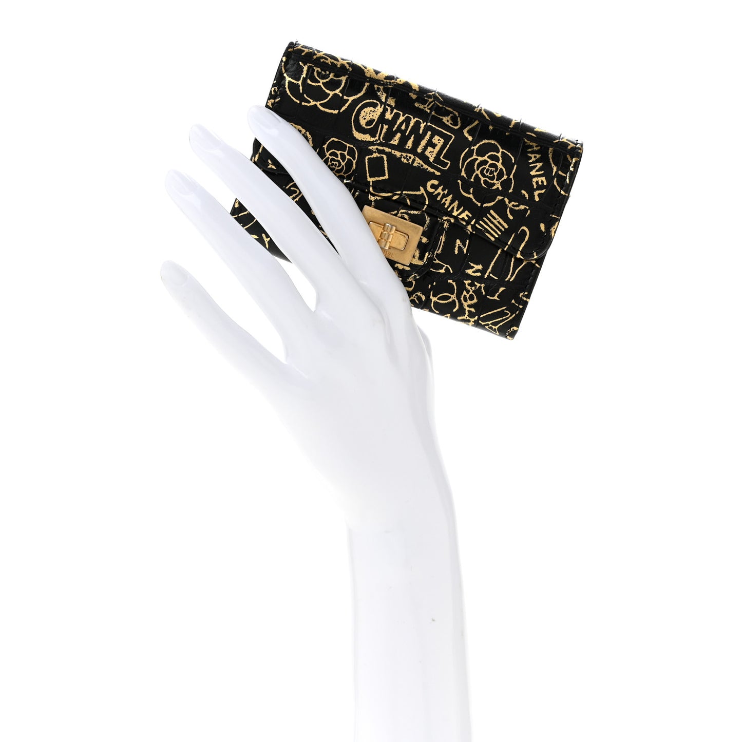 Calfskin Crocodile Embossed Graffiti 2.55 Cocodile Reissue Flap Card Holder Black Gold