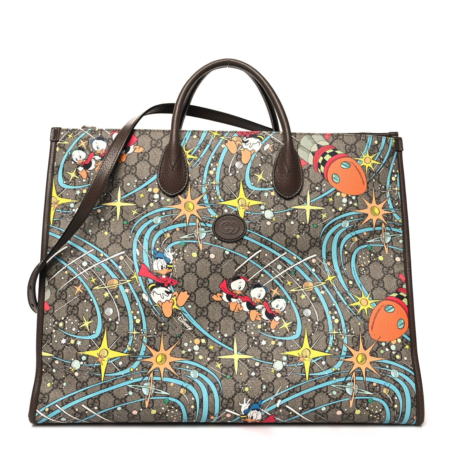 X DISNEY GG Supreme Monogram Donald Duck Retro Interlocking G Shopping Tote Beige Multicolor New Acero