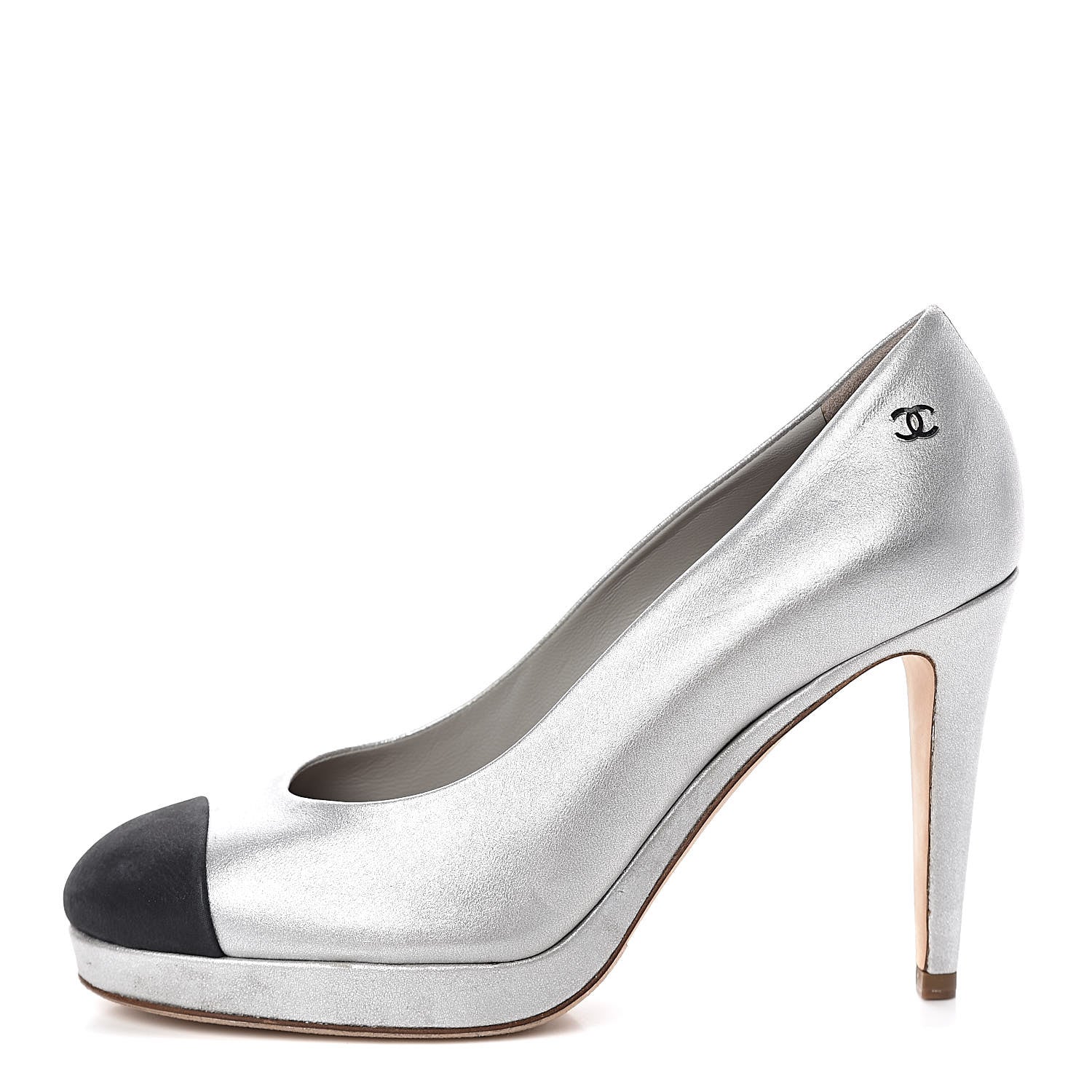 Chanel Metallic Calfskin Buffalo Cap Toe CC Pumps 37.5 Silver Black 1 of 8