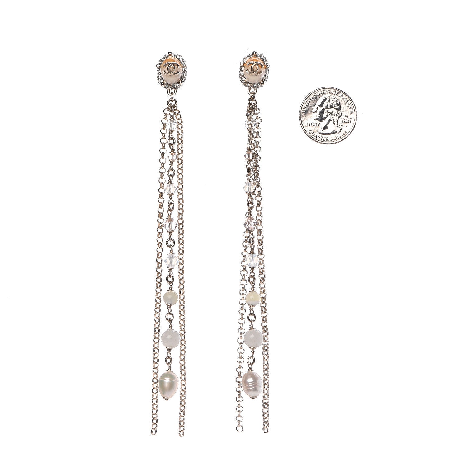 Chanel Pearl Crystal CC Dangle Earrings Gold 2 of 5