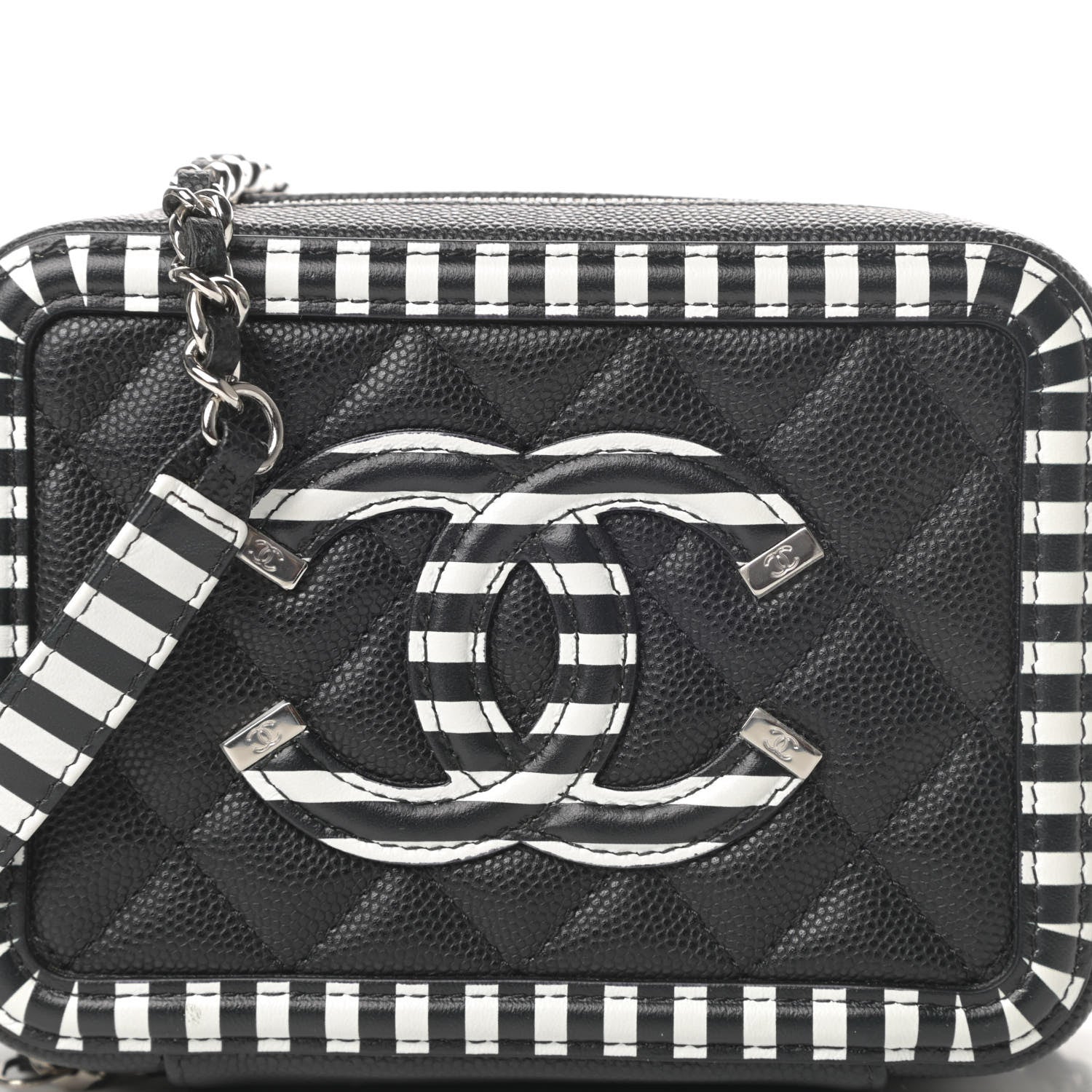 Chanel Caviar Quilted Striped Filigree Vanity Clutch With Chain Black White 8 of 10