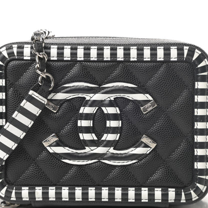 Chanel Caviar Quilted Striped Filigree Vanity Clutch With Chain Black White 8 of 10
