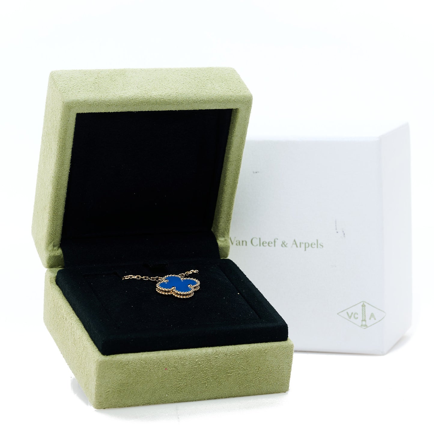 18K Yellow Gold Blue Agate Vintage Alhambra Pendant Necklace