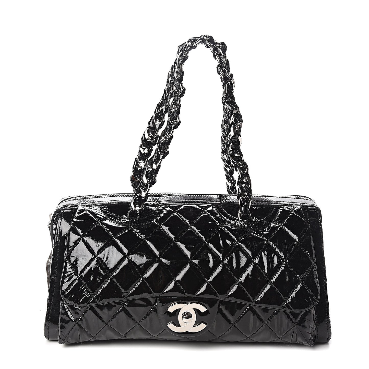 Patent Quilted Day Glo Flap Bag Black