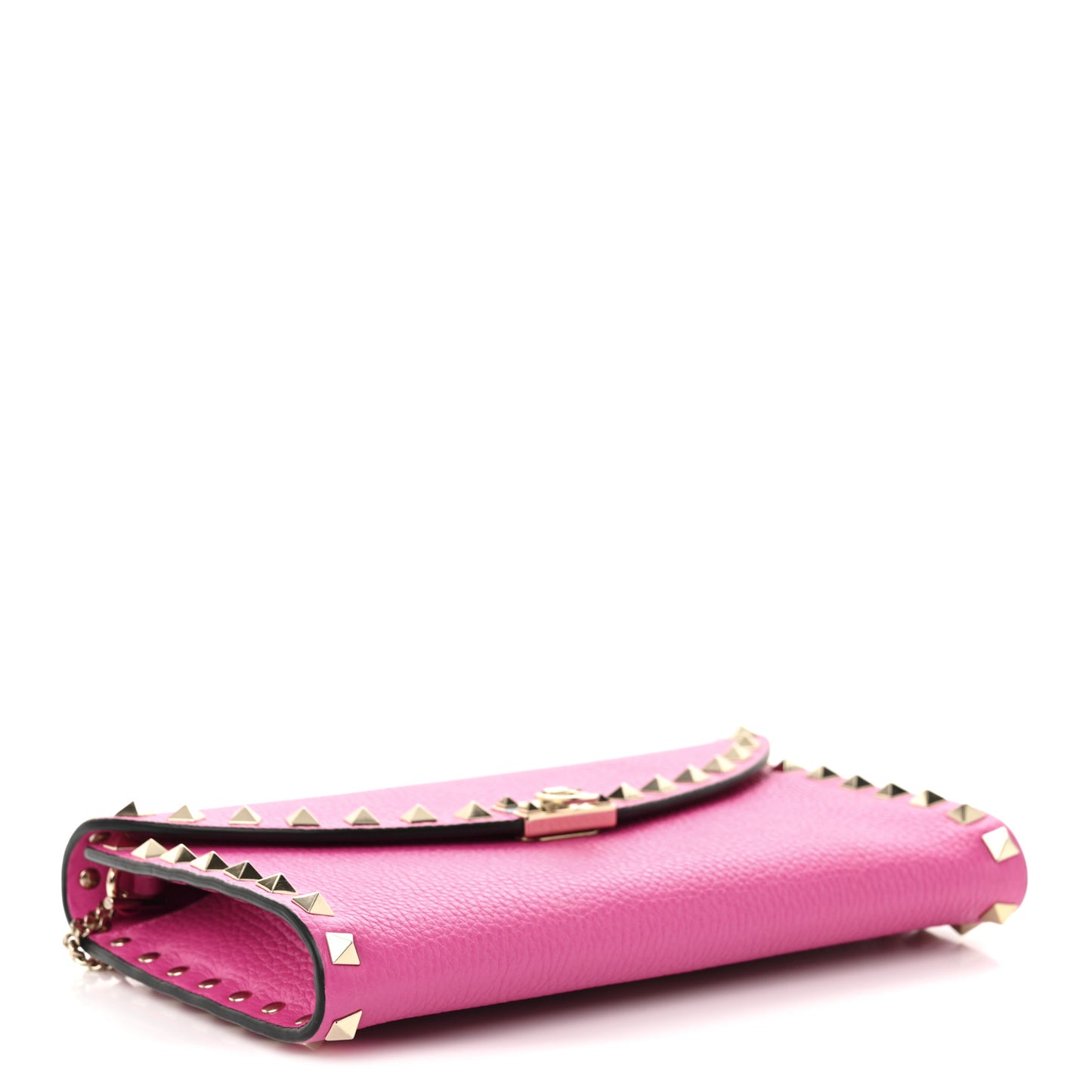 Grainy Calfskin Rockstud Flip Lock Wallet With Chain Pink PP