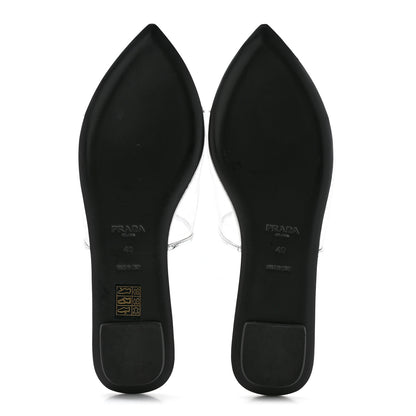 Prada Plexiglass Metallic Calfskin Metal Triangle Logo Ciabatte Flat Slide Sandals 40 Argento 5 of 12