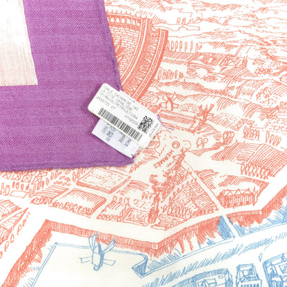 Hermes Cashmere Silk La Cite Cavaliere Shawl 140 Mauve Petrole Coral 3 of 4